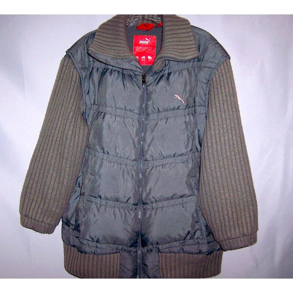 Vintage Puma Men's XL Down Puffer coat with Knit Sleeves - Grey